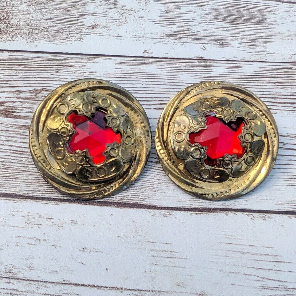 Vintage Clip On Earrings - 1.5" Large & Unusual with Red Center - Tarnish & Rust